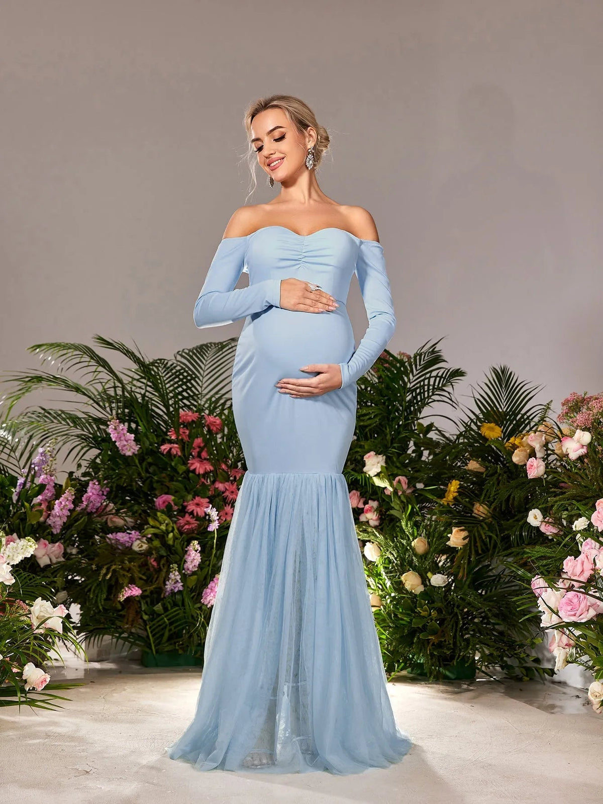 Maternity Off-Shoulder Tulle Long-Sleeve Mermaid Evening Gown — authorized product image 1
