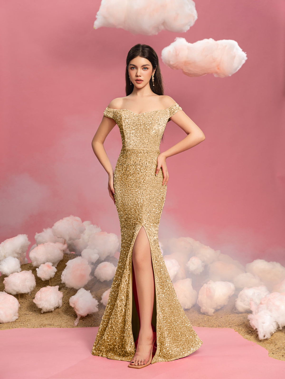Additional product view of Mermaid Hem Off-Shoulder Sequin Short-Sleeve Maxi Teen Girls' Party Dress