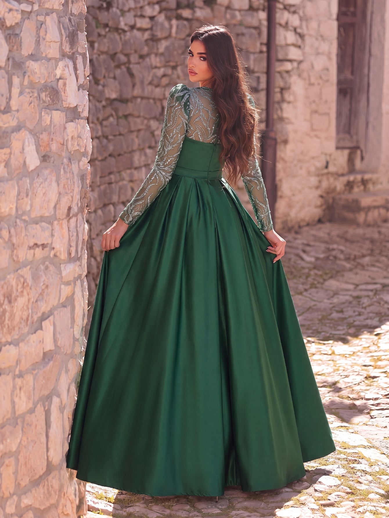 Elegant Women's Sequin Bodice Formal Gown | Long Sleeves | Full Flared Skirt