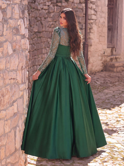 Elegant Women's Sequin Bodice Formal Gown | Long Sleeves | Full Flared Skirt