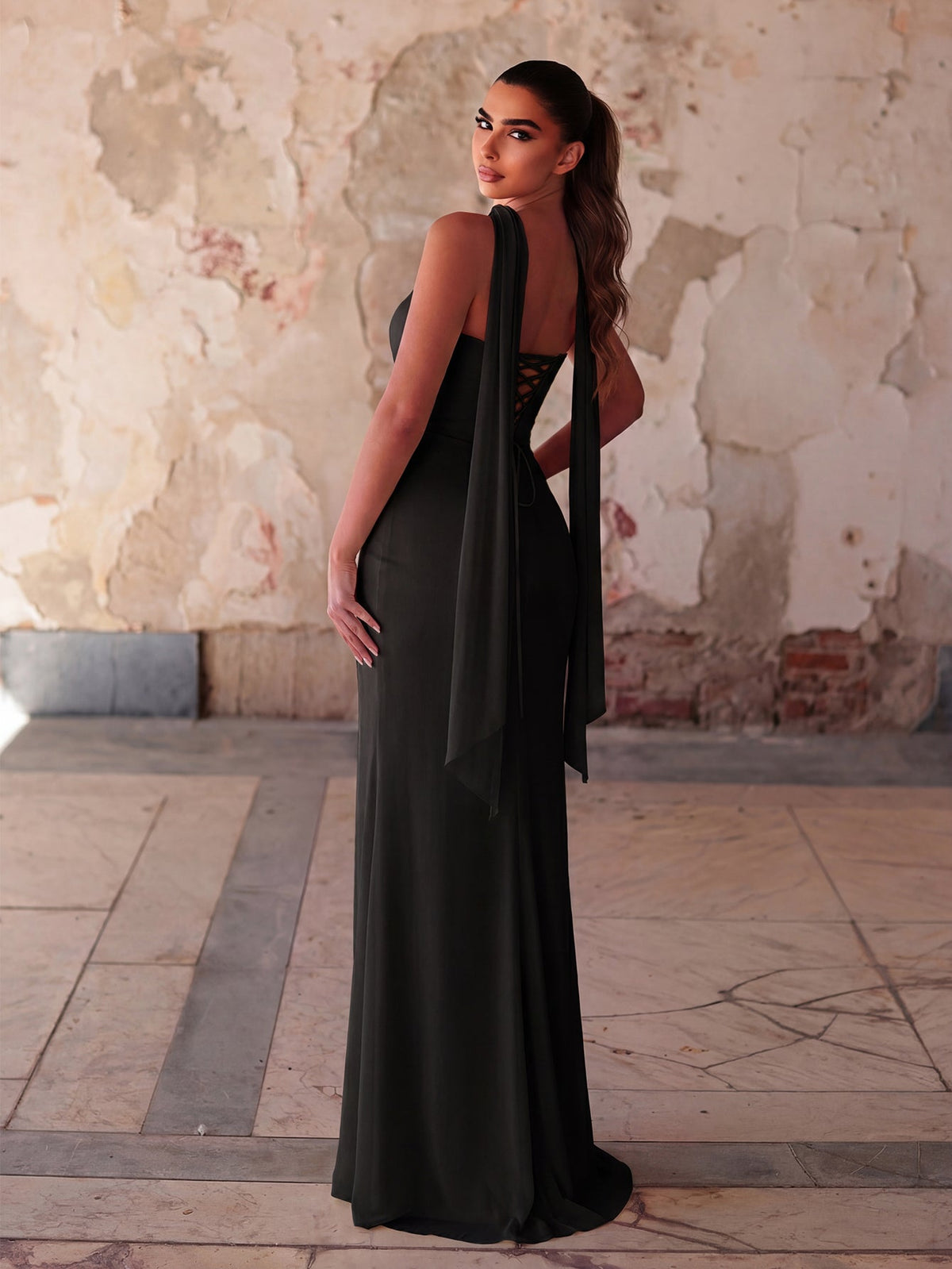 Additional product view of Lace-Up Back Strapless High-Slit Mermaid Sleeveless Evening Gown