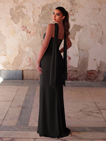 Additional product view of Lace-Up Back Strapless High-Slit Mermaid Sleeveless Evening Gown
