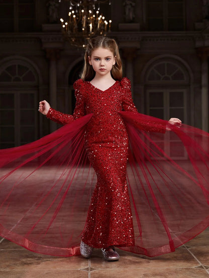 Mesh Overlay V-Neck Sequin Mermaid Long-Sleeve Tween Girls' Party Dress in Red