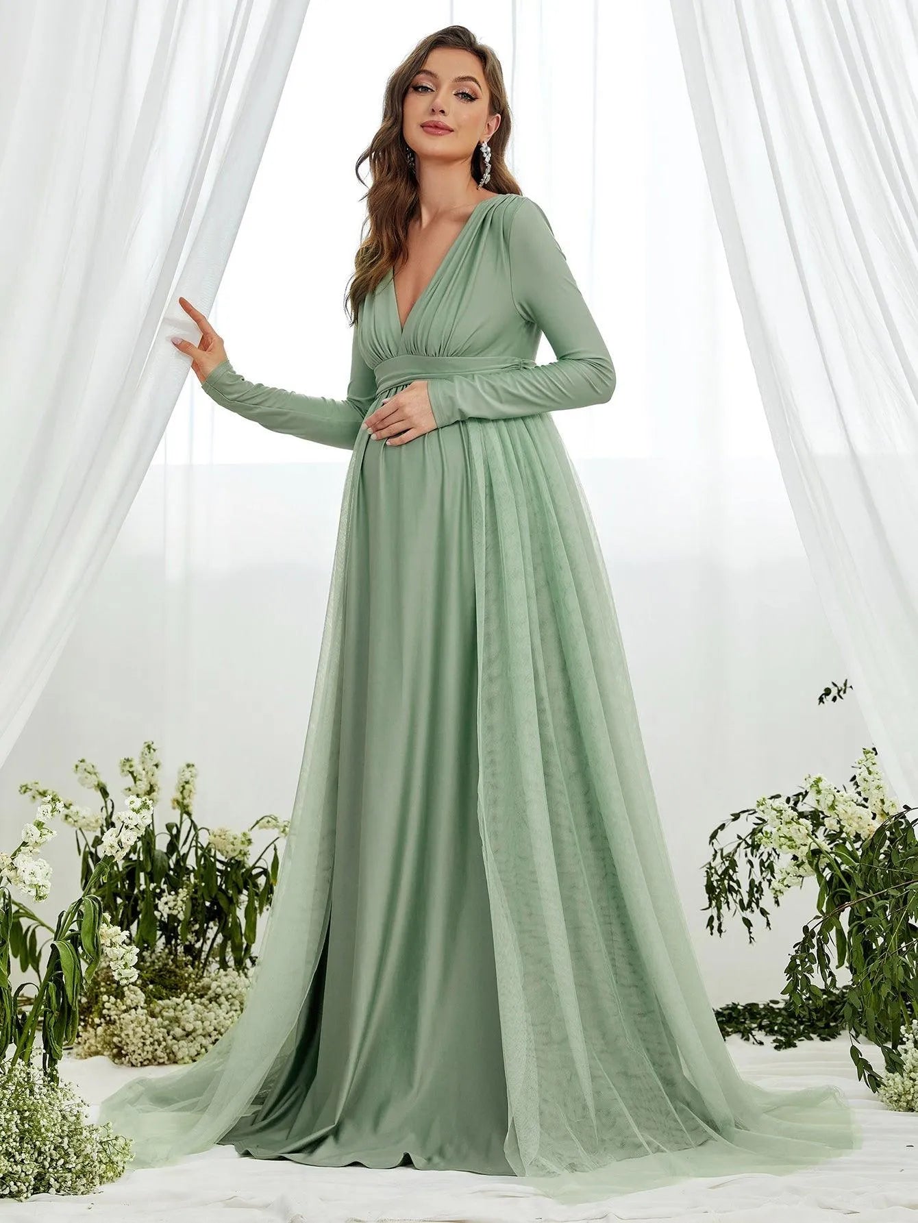 Additional product view of Contrast Mesh Plunging-Neck V-Neck Knit A-Line Maternity Evening Dress