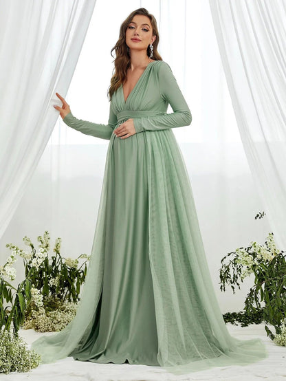 Additional product view of Contrast Mesh Plunging-Neck V-Neck Knit A-Line Maternity Evening Dress
