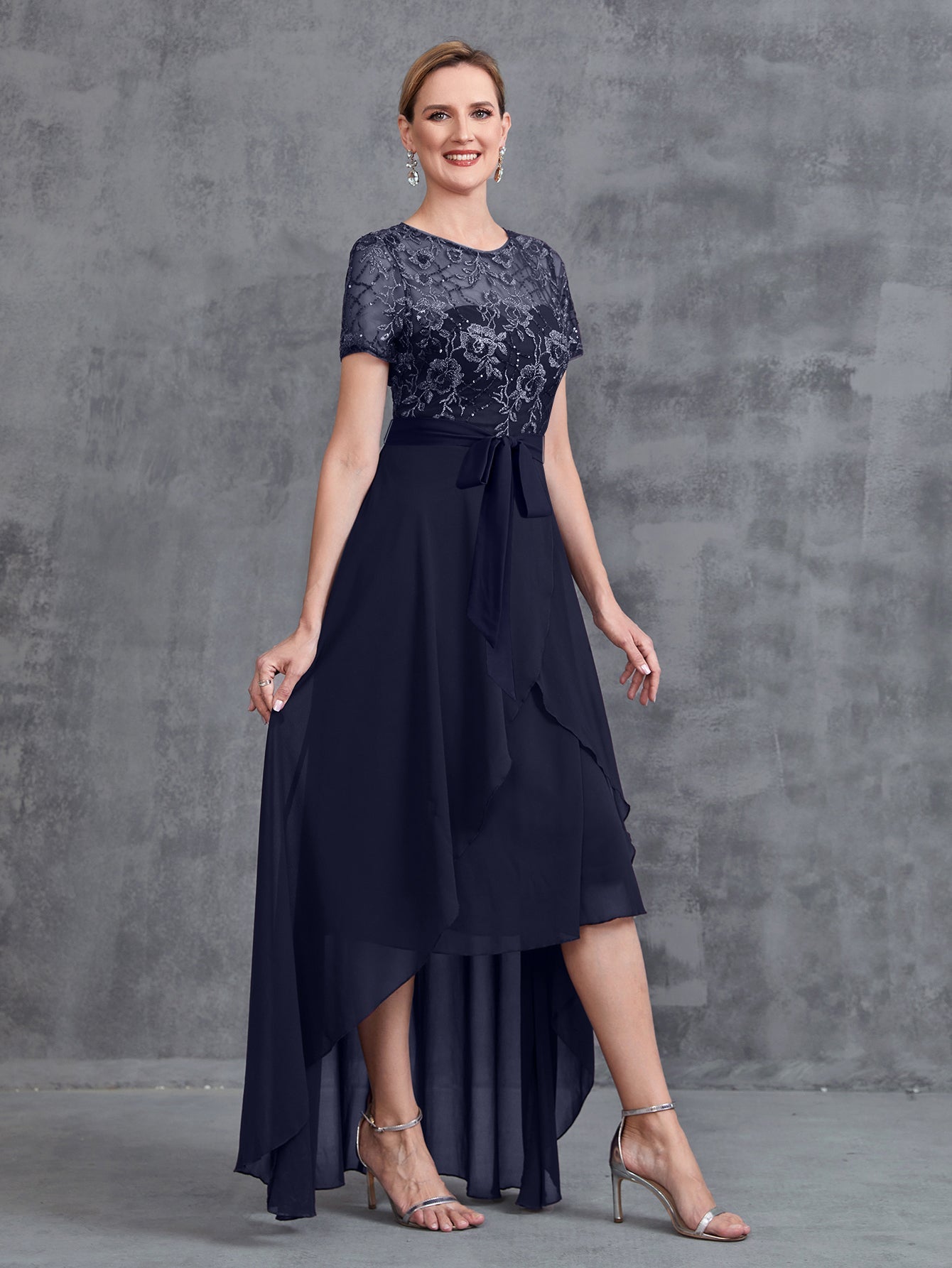 Additional product view of Embroidered Sequin Bodice Asymmetrical Lace Boat-Neck Short-Sleeve Mother-of-the-Bride Dress