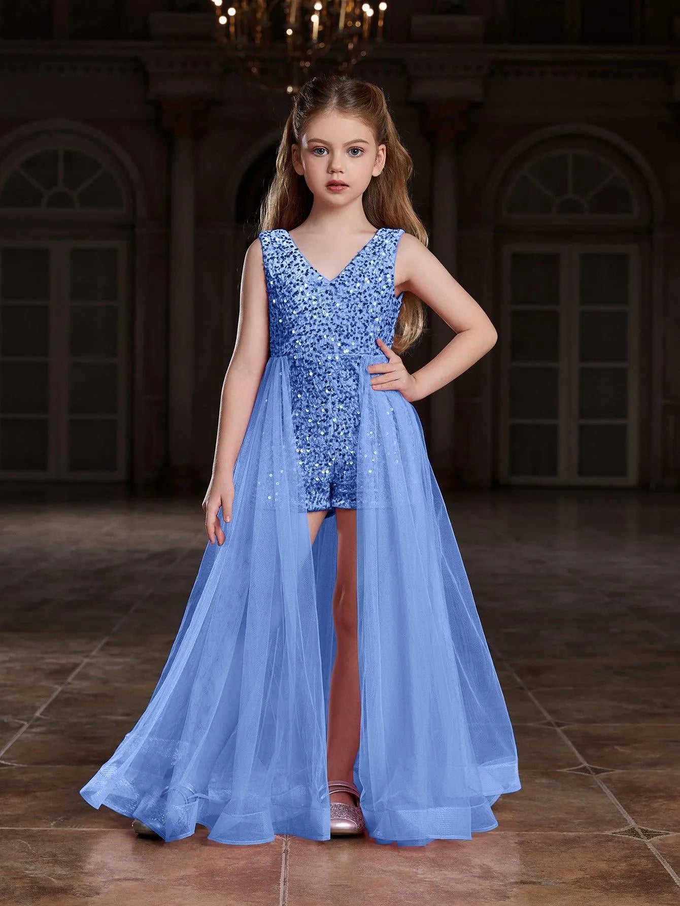 Additional product view of Mesh Overlay V-Neck Sequin Sleeveless Tween Girls' Formal Romper
