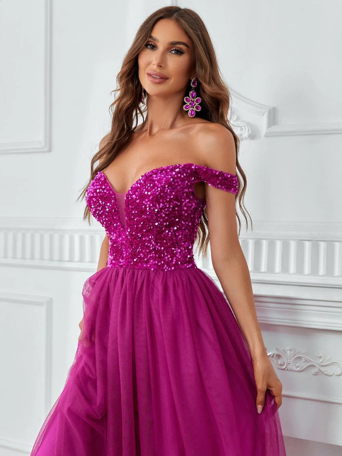 Additional product view of Contrast Mesh Sequin Bodice Off-Shoulder A-Line Short-Sleeve Evening Gown