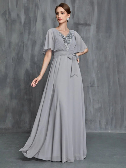 Additional product view of Belted Chiffon V-Neck Short-Sleeve A-Line Mother-of-the-Bride Dress