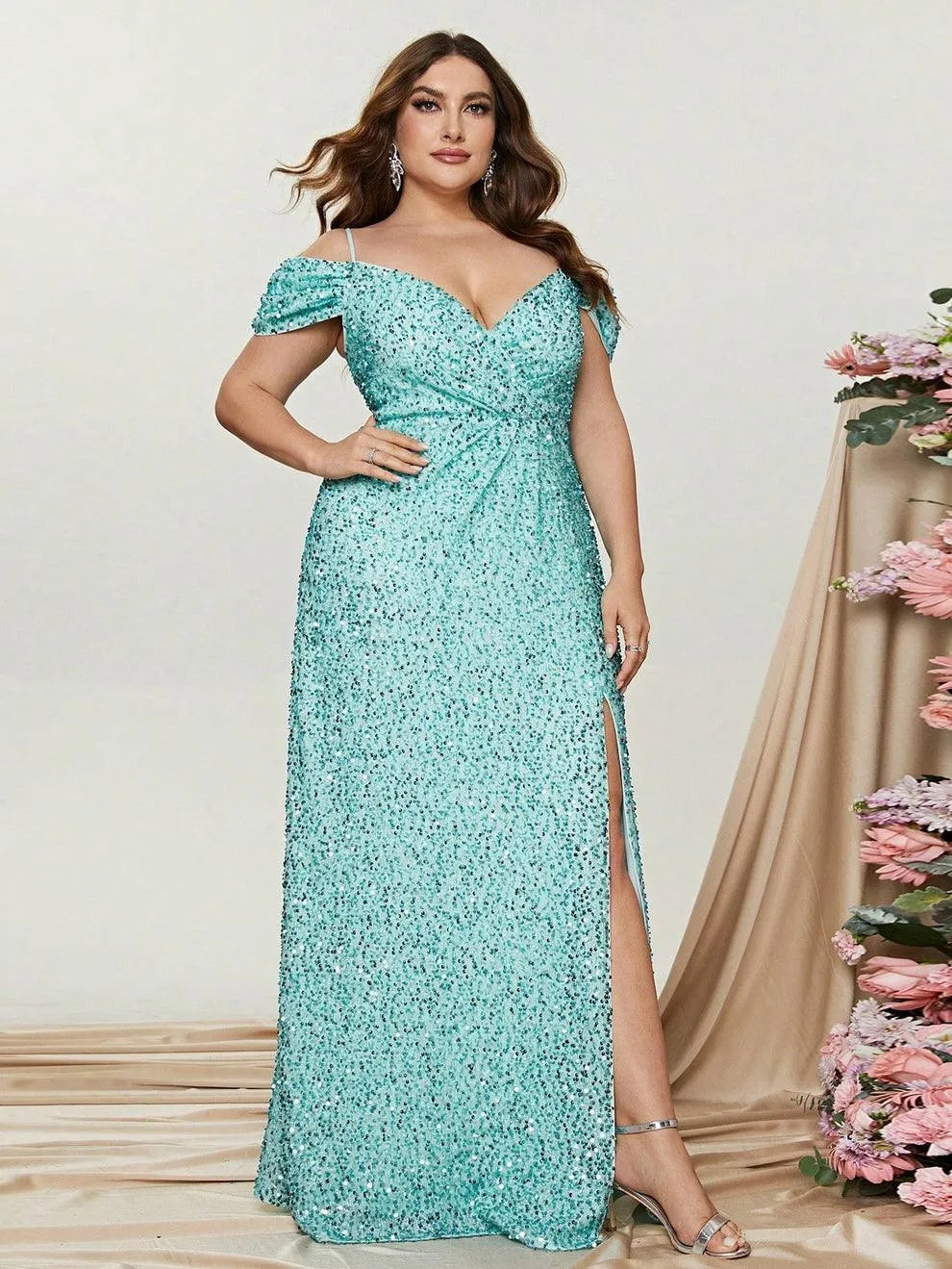 Plus Off Shoulder Short Sleeve Sequin Slit Party Dress