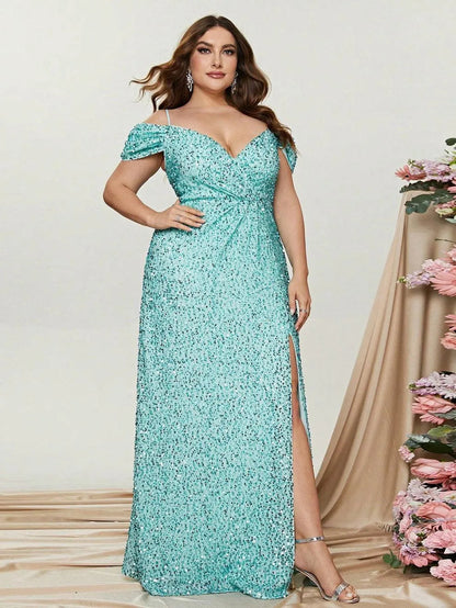 Plus Off Shoulder Short Sleeve Sequin Slit Party Dress