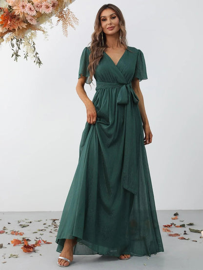Additional product view of Belted V-Neck Chiffon A-Line Short-Sleeve Maxi Formal Dress
