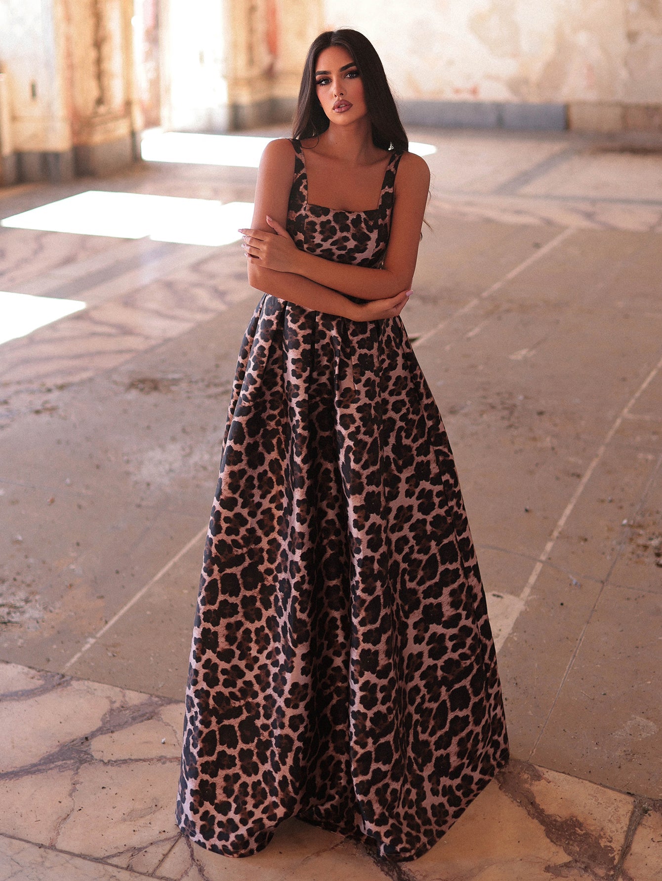 Additional product view of Square-Neck Satin A-Line Sleeveless Maxi Evening Gown