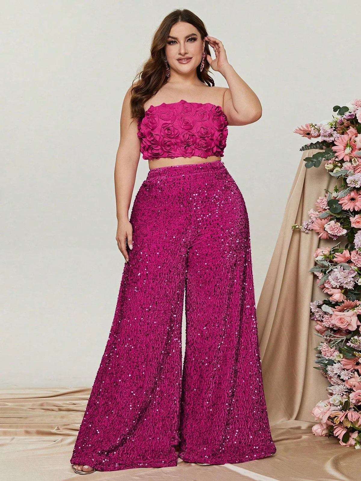 Alternate view of Plus-Size Strapless Sequin Women's Two-Piece Formal Set in Hot Pink