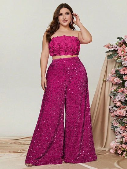 Alternate view of Plus-Size Strapless Sequin Women's Two-Piece Formal Set in Hot Pink