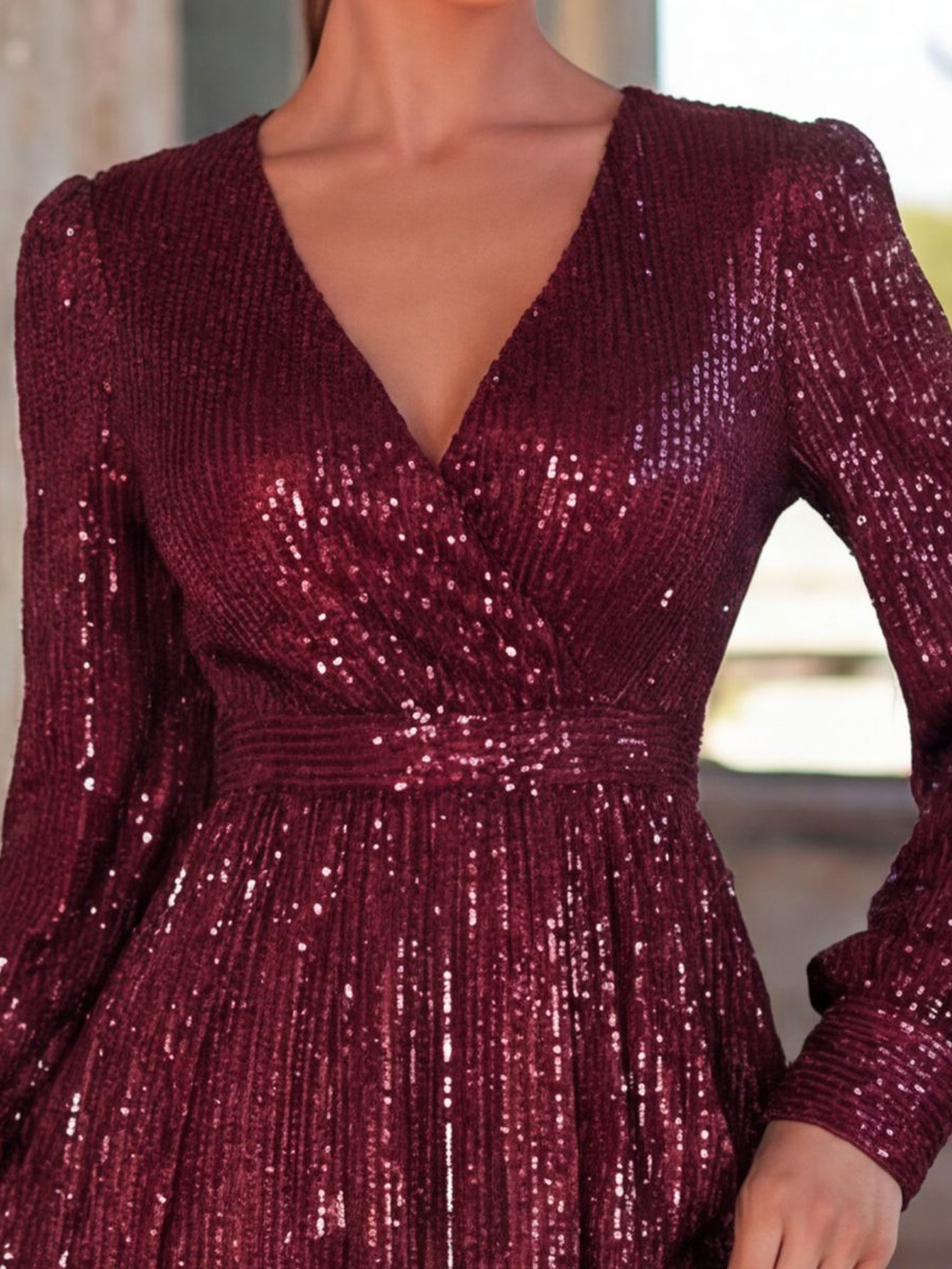 Elegant V Neck Long Sleeves Sequin A Line Dresses