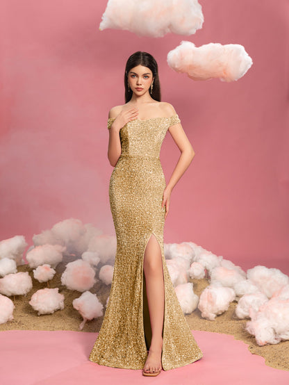 Additional product view of Mermaid Hem Off-Shoulder Sequin Short-Sleeve Maxi Teen Girls' Party Dress