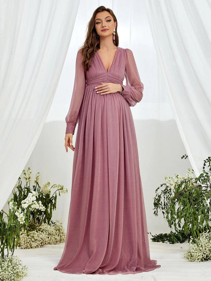 V-Neck Chiffon A-Line Long-Sleeve Maxi Maternity Evening Dress in Mauve