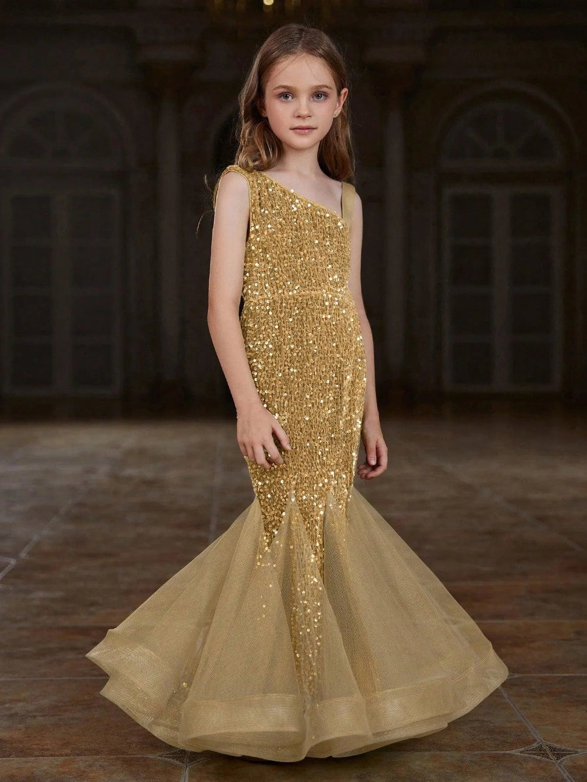 Additional product view of Mesh Insert Mermaid Hem One-Shoulder Sequin Sleeveless Tween Girls' Party Dress