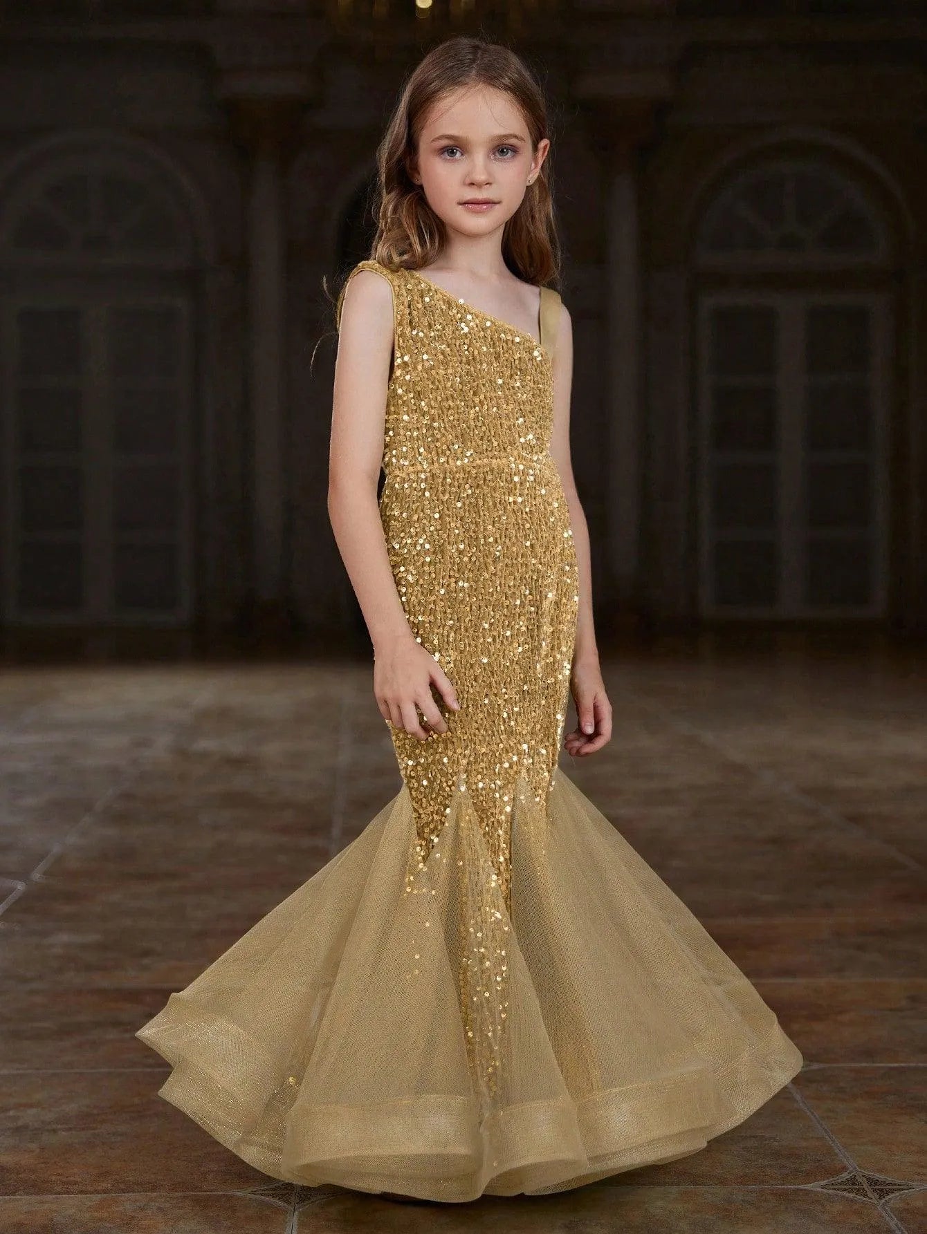 Additional product view of Mesh Insert Mermaid Hem One-Shoulder Sequin Sleeveless Tween Girls' Party Dress