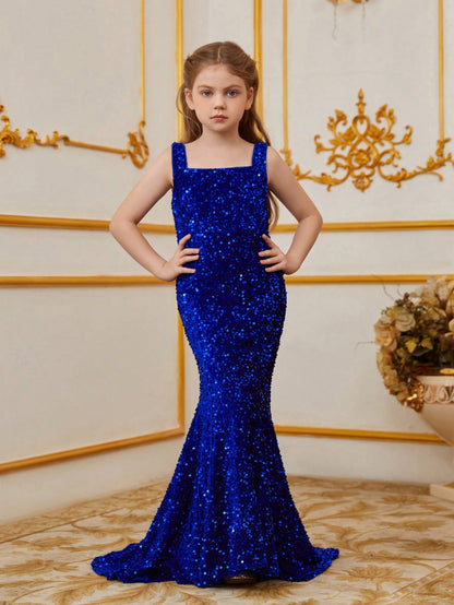 Additional product view of Mermaid Hem Square-Neck Sequin Sleeveless Maxi Tween Girls' Party Dress