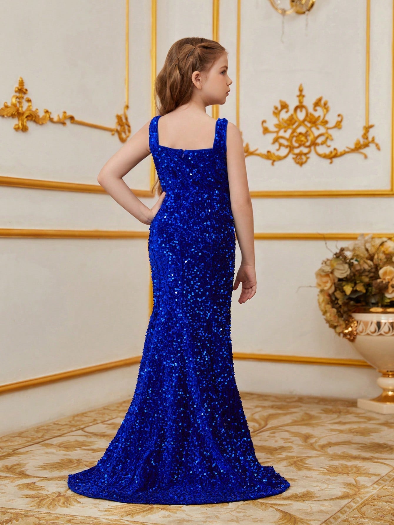 Additional product view of Mermaid Hem Square-Neck Sequin Sleeveless Maxi Tween Girls' Party Dress