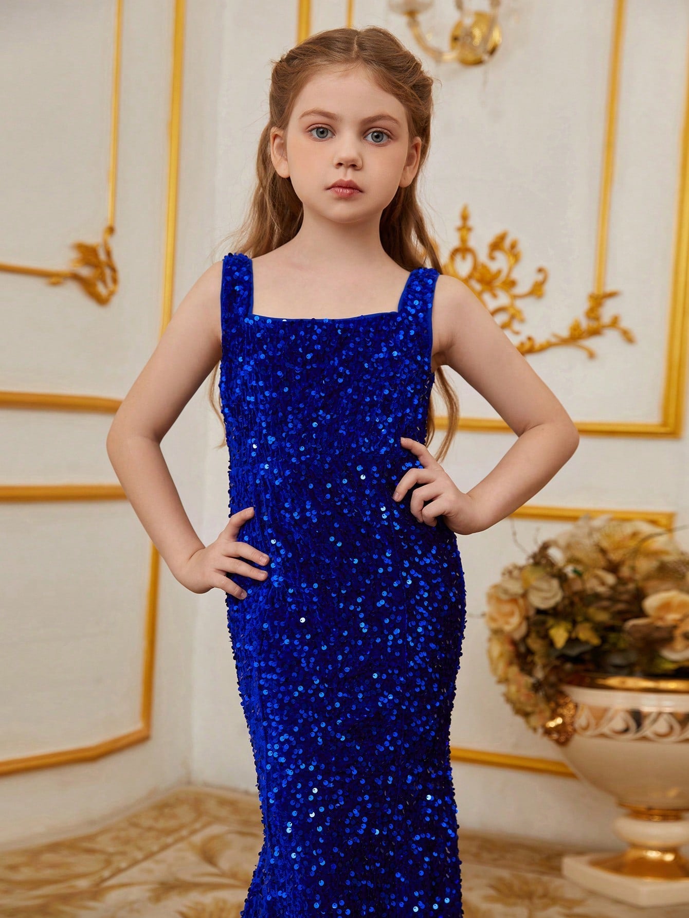 Additional product view of Mermaid Hem Square-Neck Sequin Sleeveless Maxi Tween Girls' Party Dress