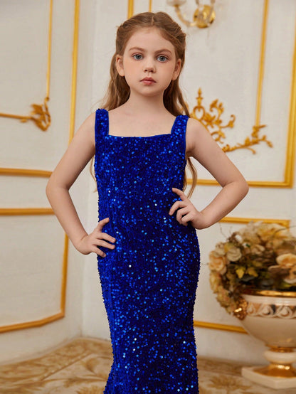 Additional product view of Mermaid Hem Square-Neck Sequin Sleeveless Maxi Tween Girls' Party Dress
