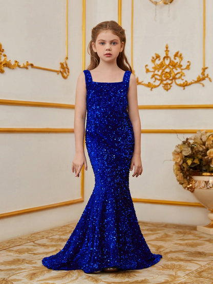 Additional product view of Mermaid Hem Square-Neck Sequin Sleeveless Maxi Tween Girls' Party Dress