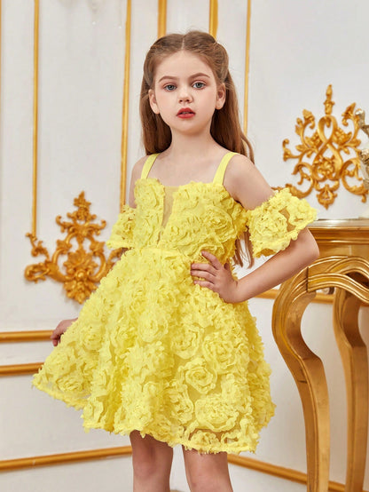 Additional product view of Floral Appliqué Cami Strap Off-Shoulder A-Line Short-Sleeve Tween Girls' Party Dress