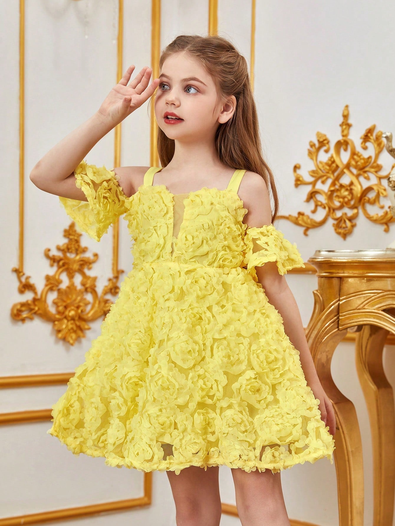 Additional product view of Floral Appliqué Cami Strap Off-Shoulder A-Line Short-Sleeve Tween Girls' Party Dress