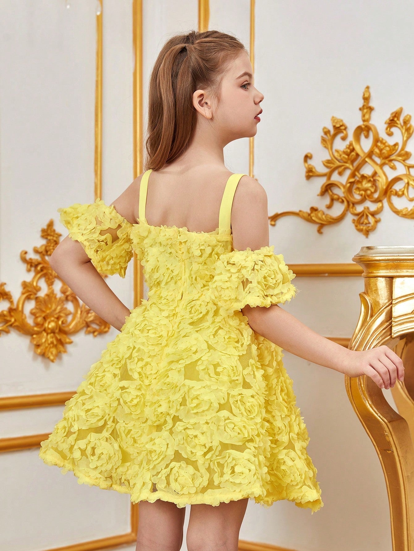 Additional product view of Floral Appliqué Cami Strap Off-Shoulder A-Line Short-Sleeve Tween Girls' Party Dress