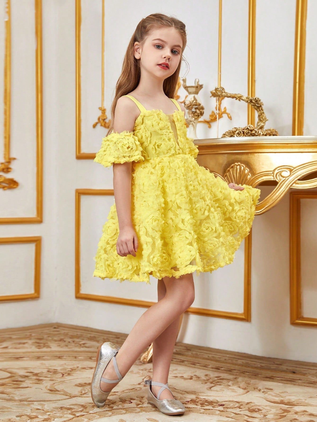 Additional product view of Floral Appliqué Cami Strap Off-Shoulder A-Line Short-Sleeve Tween Girls' Party Dress