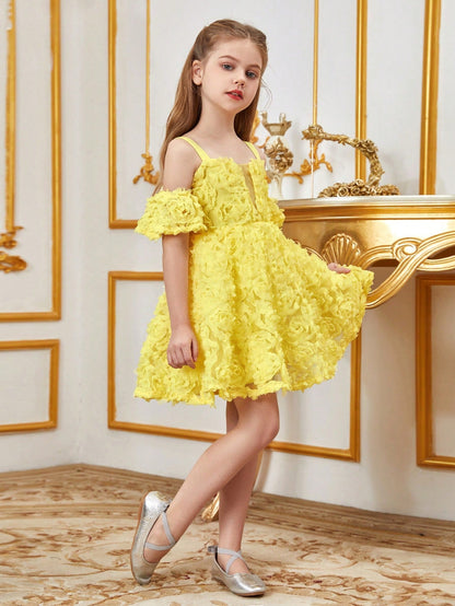 Additional product view of Floral Appliqué Cami Strap Off-Shoulder A-Line Short-Sleeve Tween Girls' Party Dress