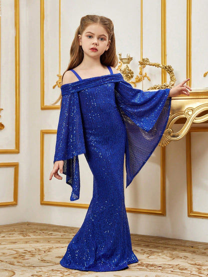 Additional product view of Cold-Shoulder Flare-Sleeve Off-Shoulder Sequin Mermaid Tween Girls' Party Dress