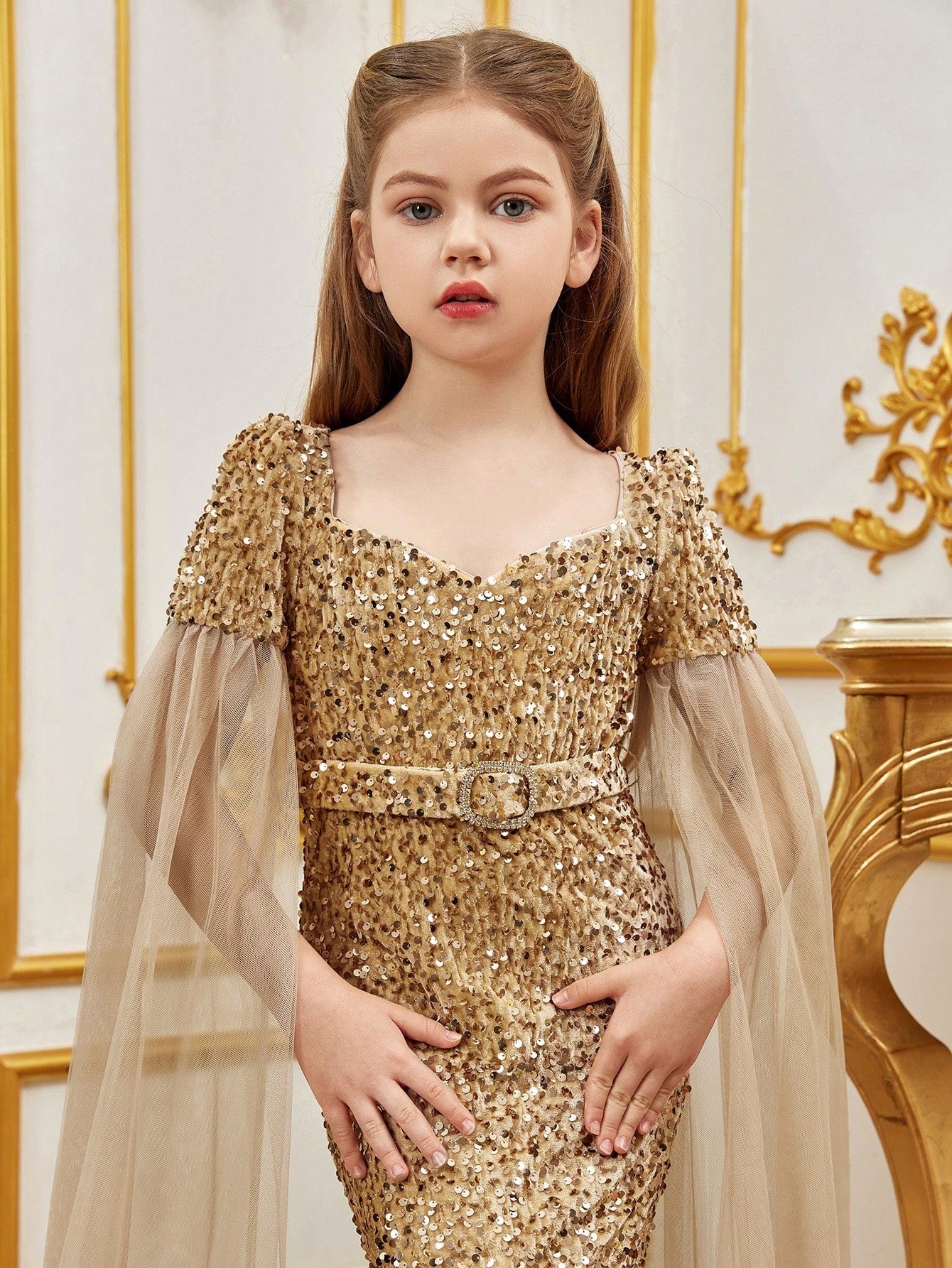 Additional product view of Cloak-Sleeve Belted Sweetheart-Neck Sequin Mermaid Tween Girls' Party Dress