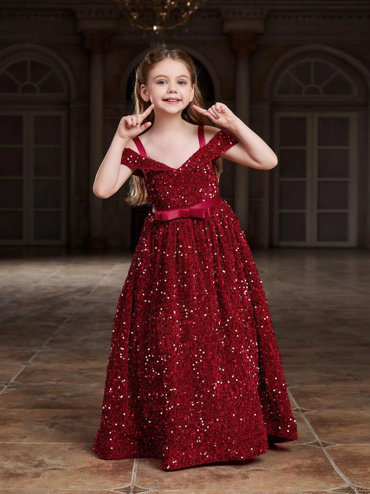 Additional product view of High-Low Hem Off-Shoulder Sequin A-Line Short-Sleeve Tween Girls' Party Dress