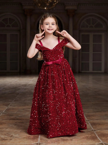 Additional product view of High-Low Hem Off-Shoulder Sequin A-Line Short-Sleeve Tween Girls' Party Dress