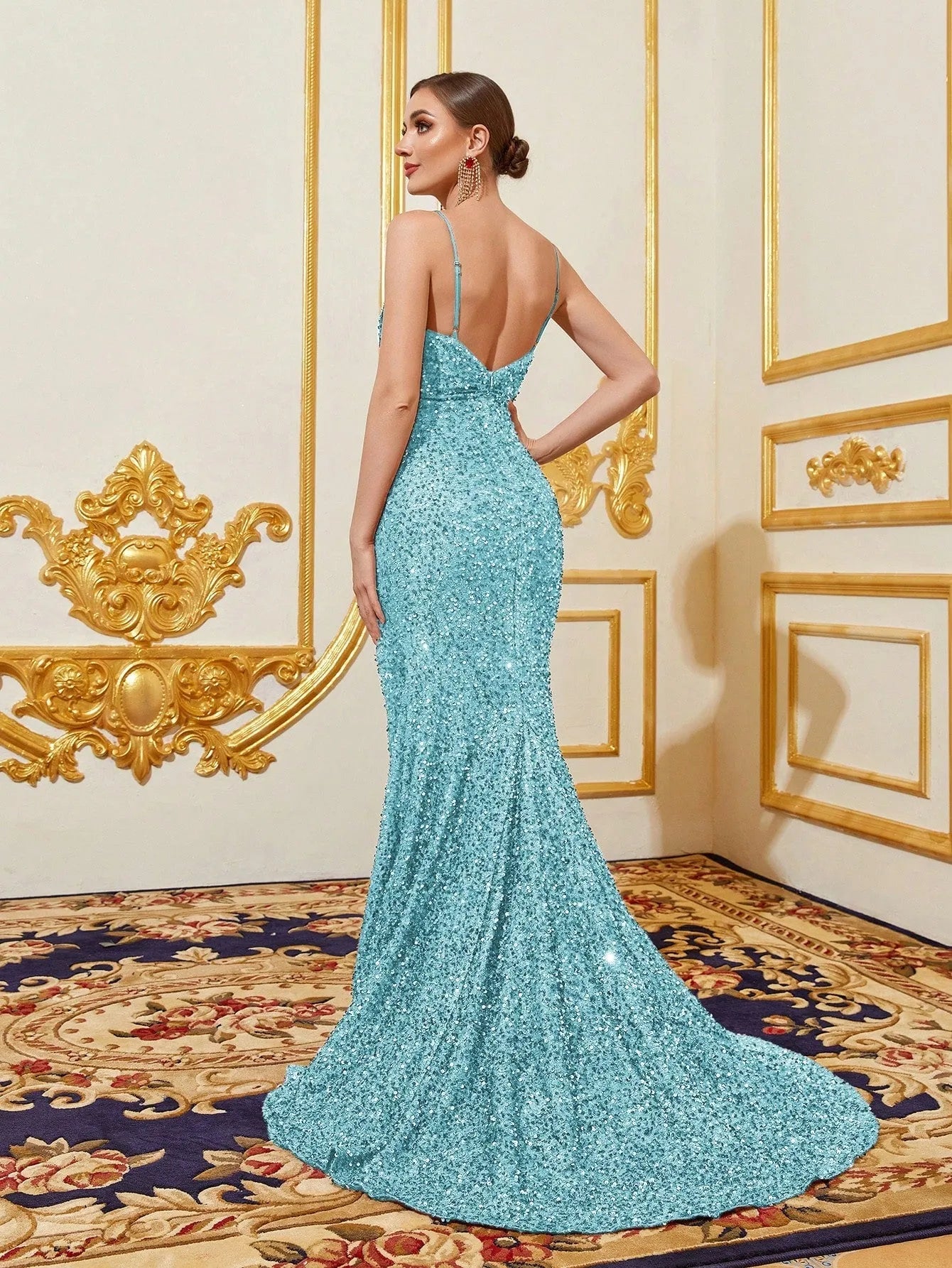 Additional product view of Cami Strap Plunging-Neck Sequin Mermaid Sleeveless Evening Gown