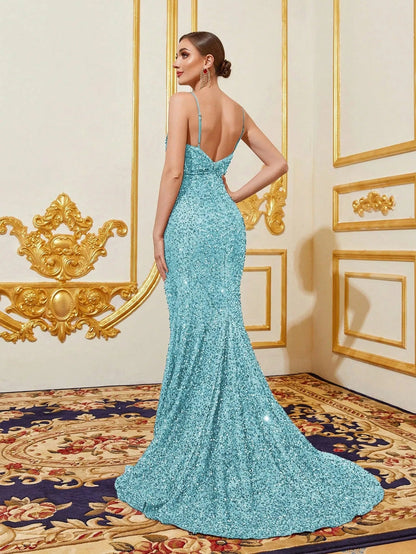 Additional product view of Cami Strap Plunging-Neck Sequin Mermaid Sleeveless Evening Gown