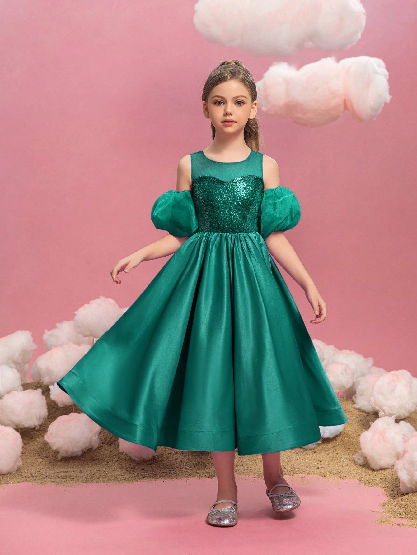 Additional product view of Puff-Sleeve Sequin A-Line Satin Midi Tween Girls' Party Dress
