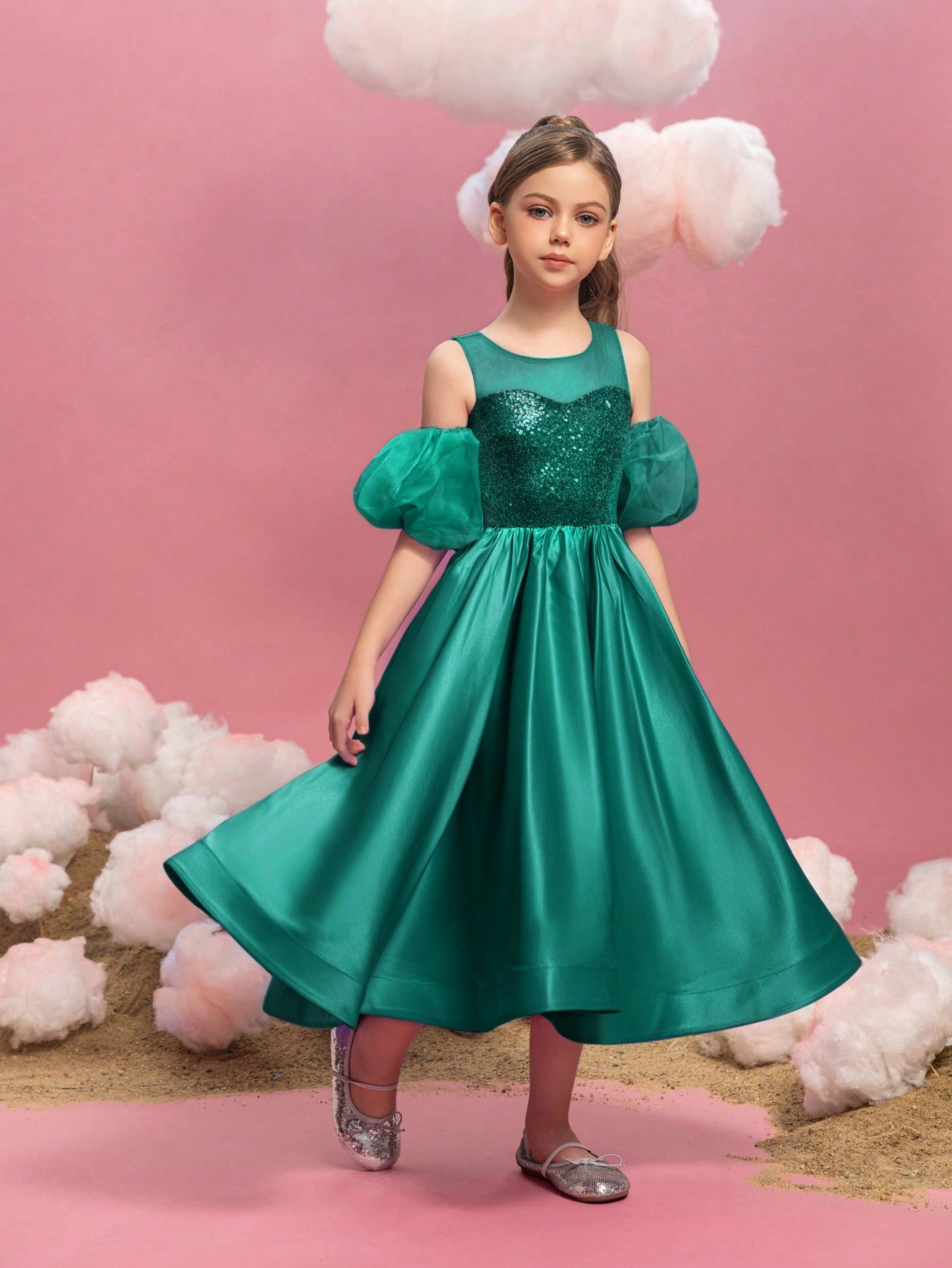 Additional product view of Puff-Sleeve Sequin A-Line Satin Midi Tween Girls' Party Dress