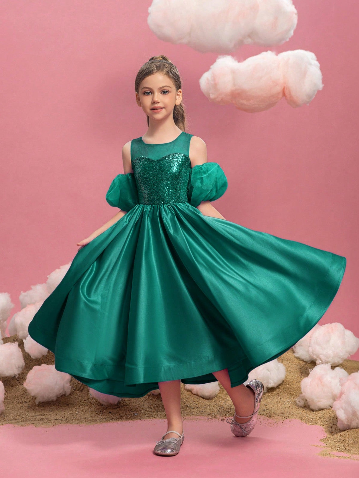 Additional product view of Puff-Sleeve Sequin A-Line Satin Midi Tween Girls' Party Dress