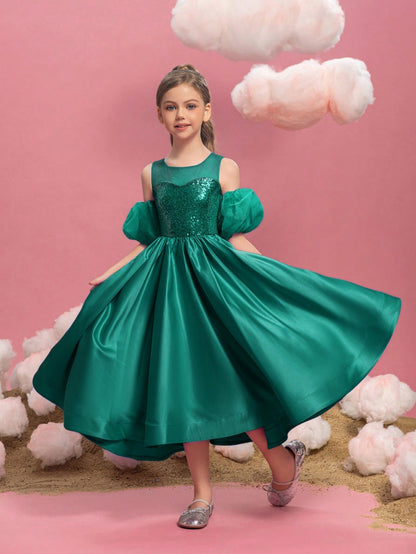 Additional product view of Puff-Sleeve Sequin A-Line Satin Midi Tween Girls' Party Dress