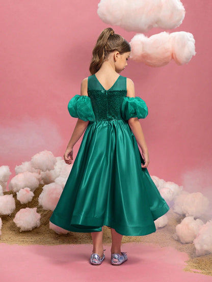 Additional product view of Puff-Sleeve Sequin A-Line Satin Midi Tween Girls' Party Dress