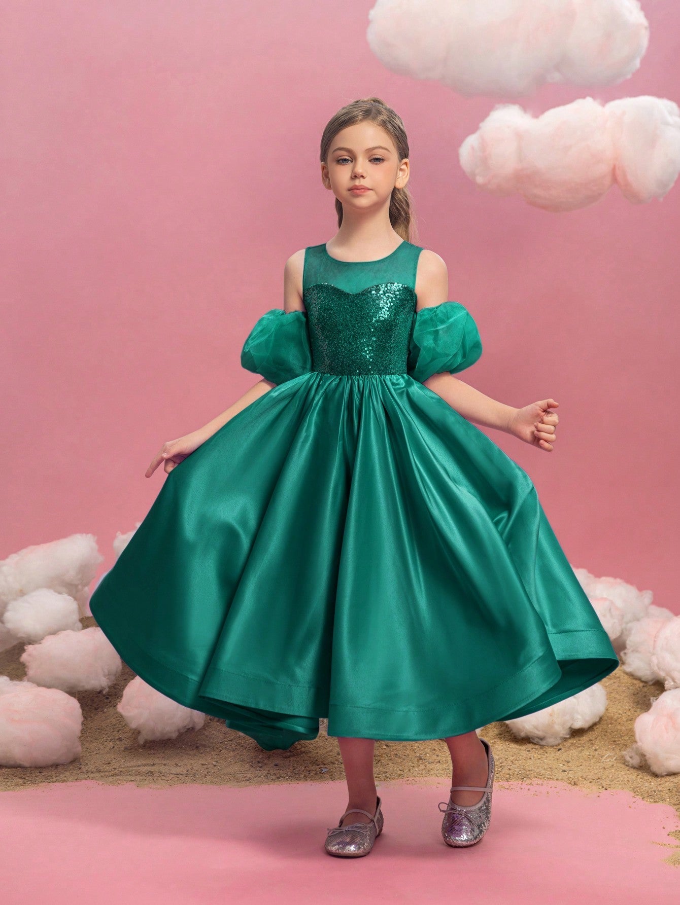 Additional product view of Puff-Sleeve Sequin A-Line Satin Midi Tween Girls' Party Dress
