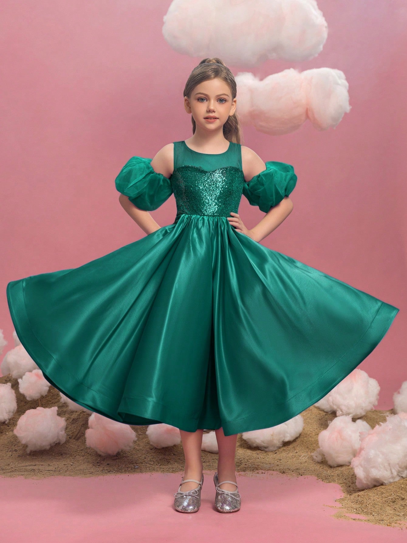 Alternate view of Puff-Sleeve Sequin A-Line Satin Midi Tween Girls' Party Dress in Dark Green