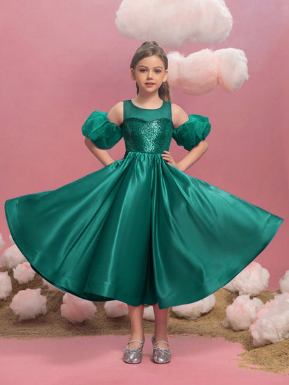 Alternate view of Puff-Sleeve Sequin A-Line Satin Midi Tween Girls' Party Dress in Dark Green