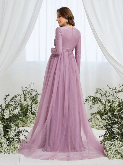 Additional product view of Contrast Mesh Plunging-Neck V-Neck Knit A-Line Maternity Evening Dress