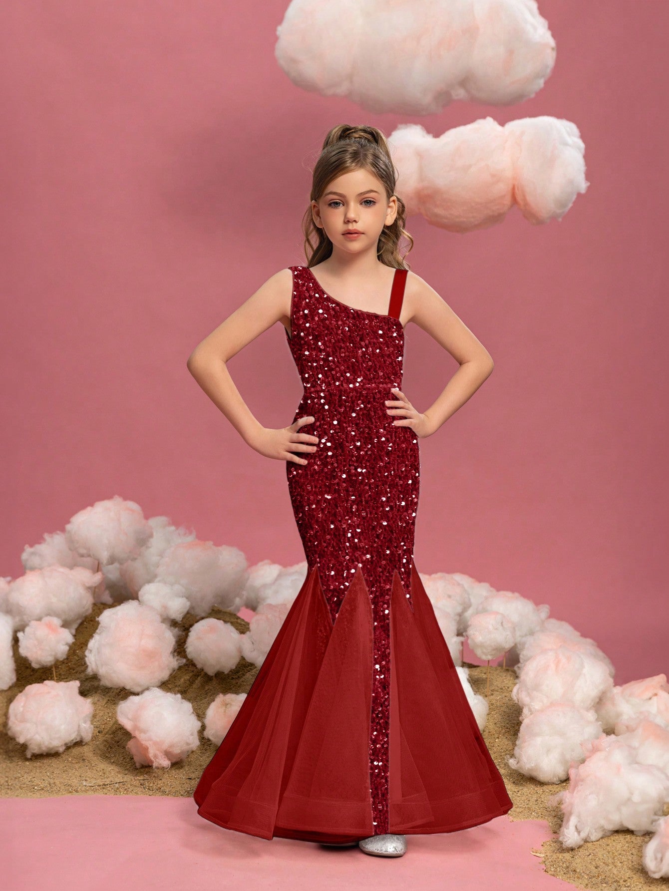 Additional product view of Mesh Insert Mermaid Hem One-Shoulder Sequin Sleeveless Tween Girls' Party Dress